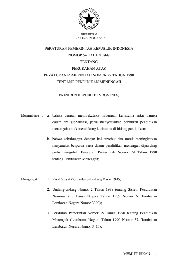 Peraturan Pemerintah Nomor 56 Tahun 1998