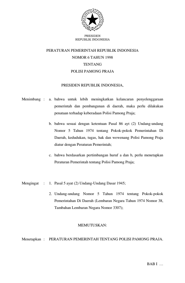 Peraturan Pemerintah Nomor 6 Tahun 1998