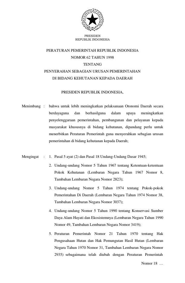 Peraturan Pemerintah Nomor 62 Tahun 1998