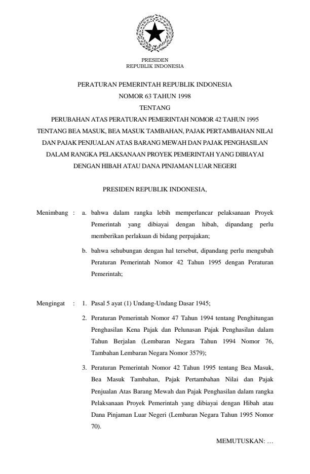 Peraturan Pemerintah Nomor 63 Tahun 1998