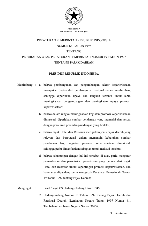 Peraturan Pemerintah Nomor 64 Tahun 1998