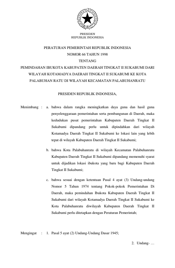 Peraturan Pemerintah Nomor 66 Tahun 1998