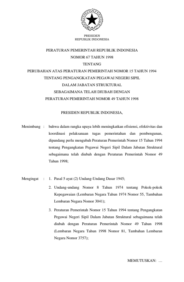 Peraturan Pemerintah Nomor 67 Tahun 1998