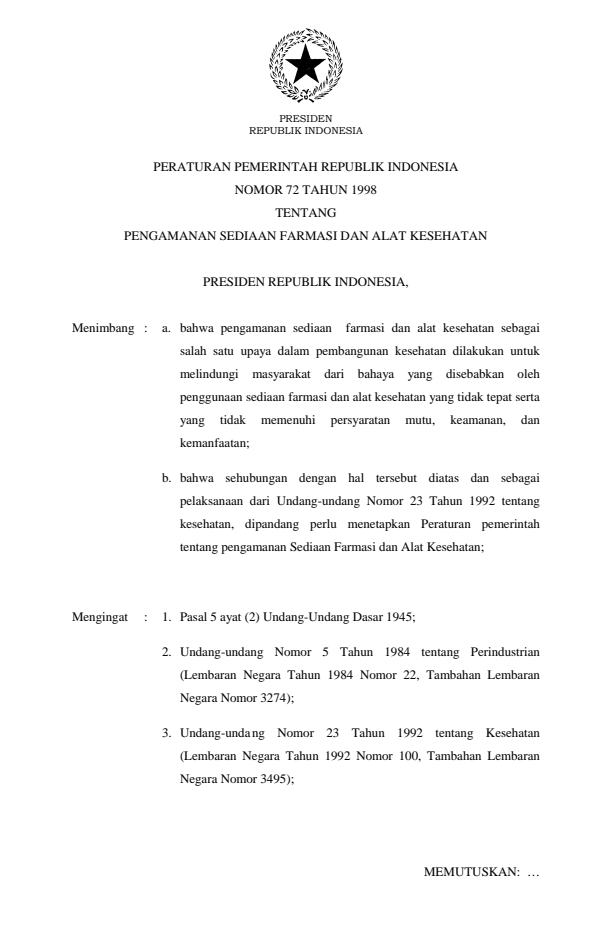 Peraturan Pemerintah Nomor 72 Tahun 1998