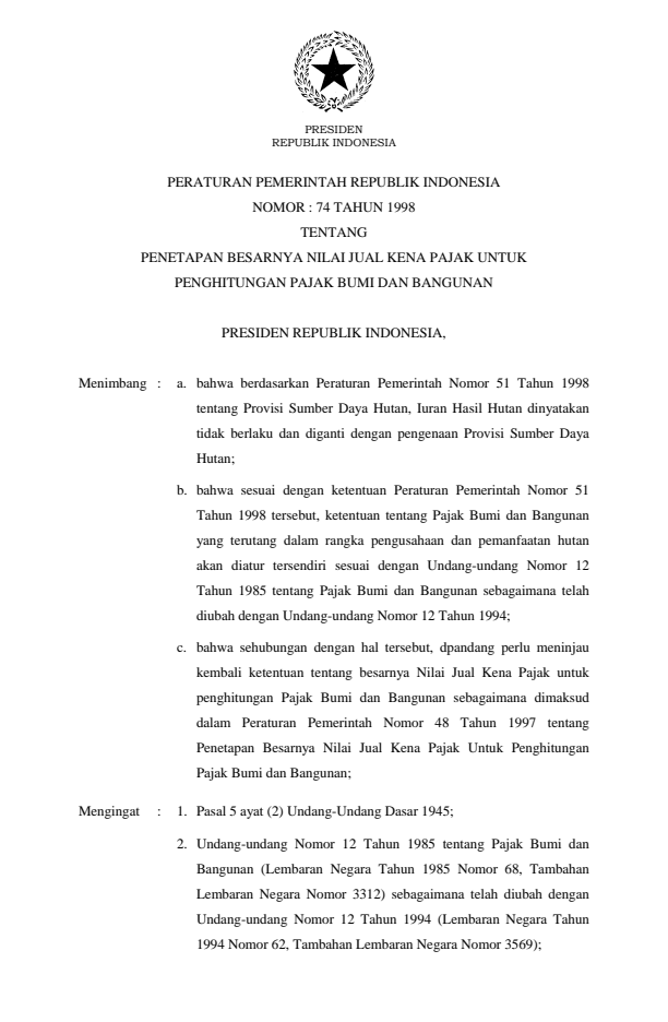 Peraturan Pemerintah Nomor 74 Tahun 1998