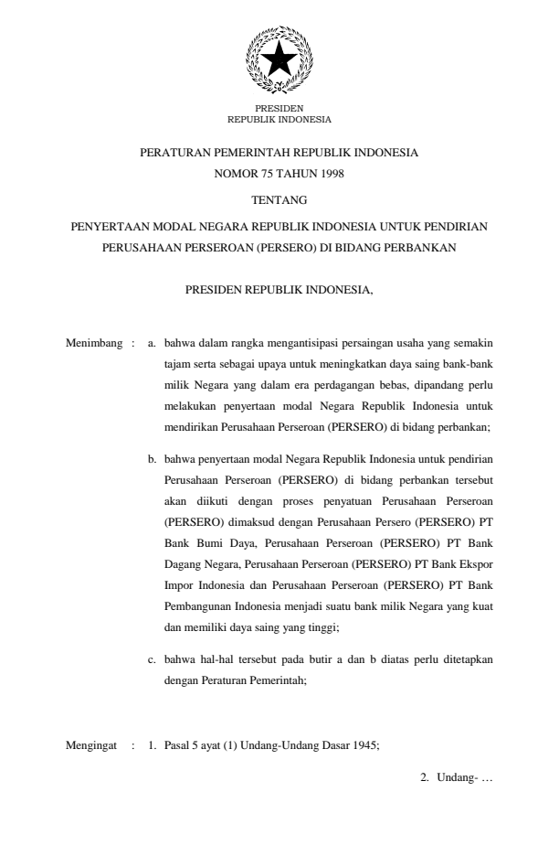 Peraturan Pemerintah Nomor 75 Tahun 1998