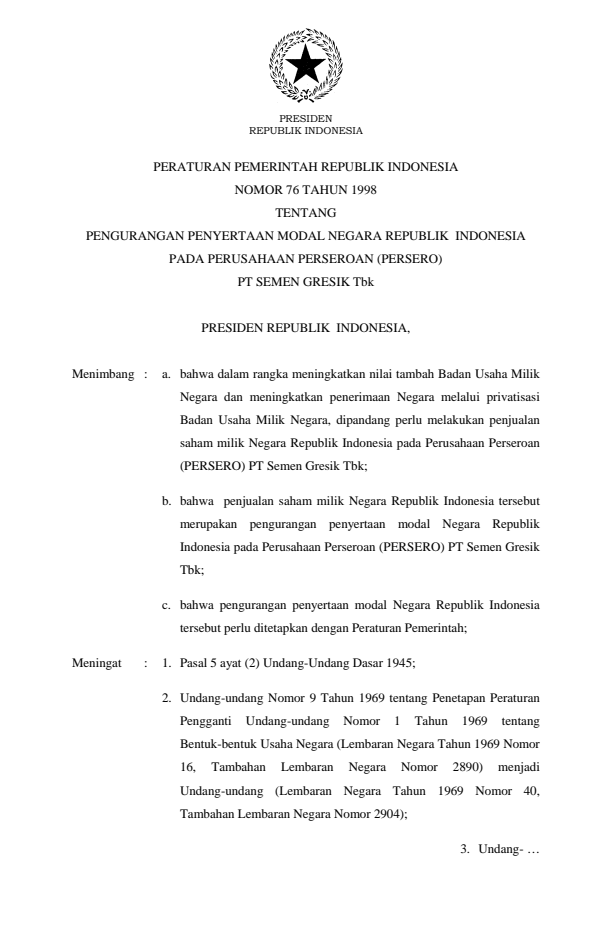 Peraturan Pemerintah Nomor 76 Tahun 1998