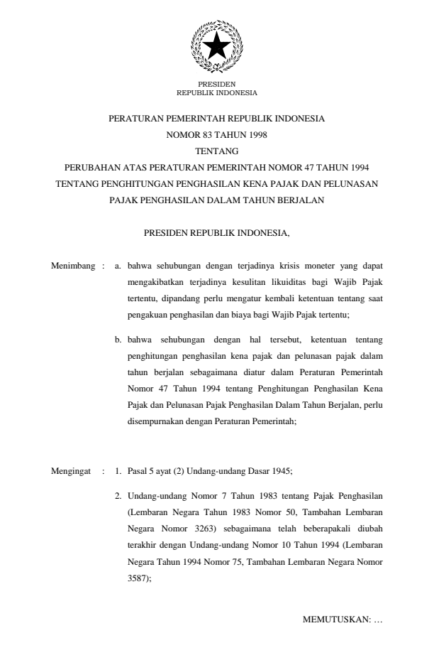 Peraturan Pemerintah Nomor 83 Tahun 1998