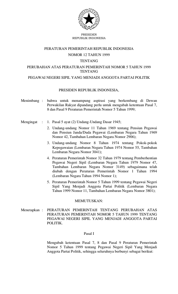 Peraturan Pemerintah Nomor 12 Tahun 1999