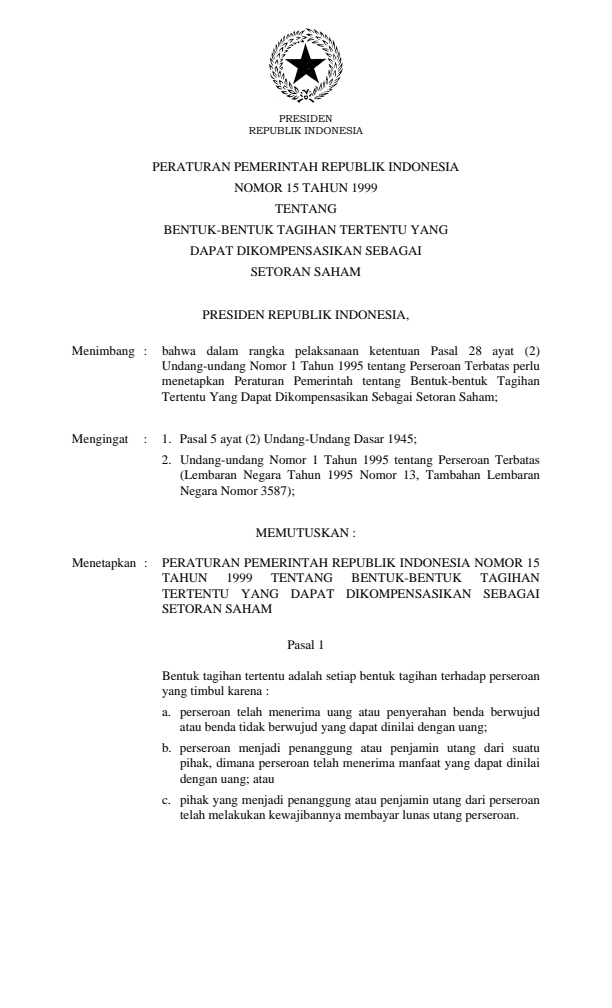 Peraturan Pemerintah Nomor 15 Tahun 1999