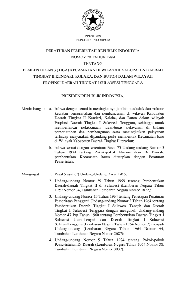 Peraturan Pemerintah Nomor 20 Tahun 1999