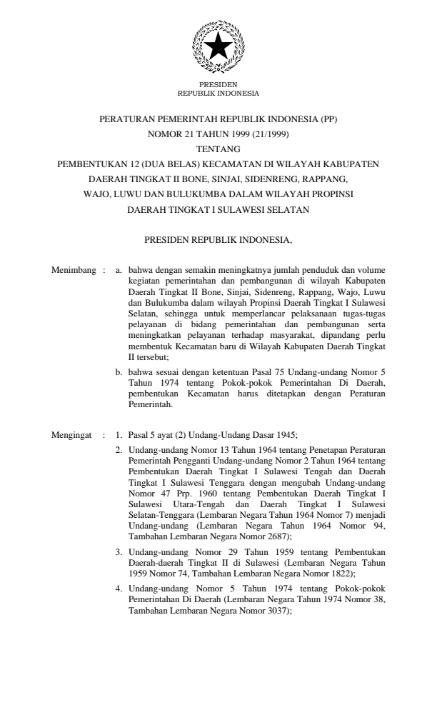 Peraturan Pemerintah Nomor 21 Tahun 1999