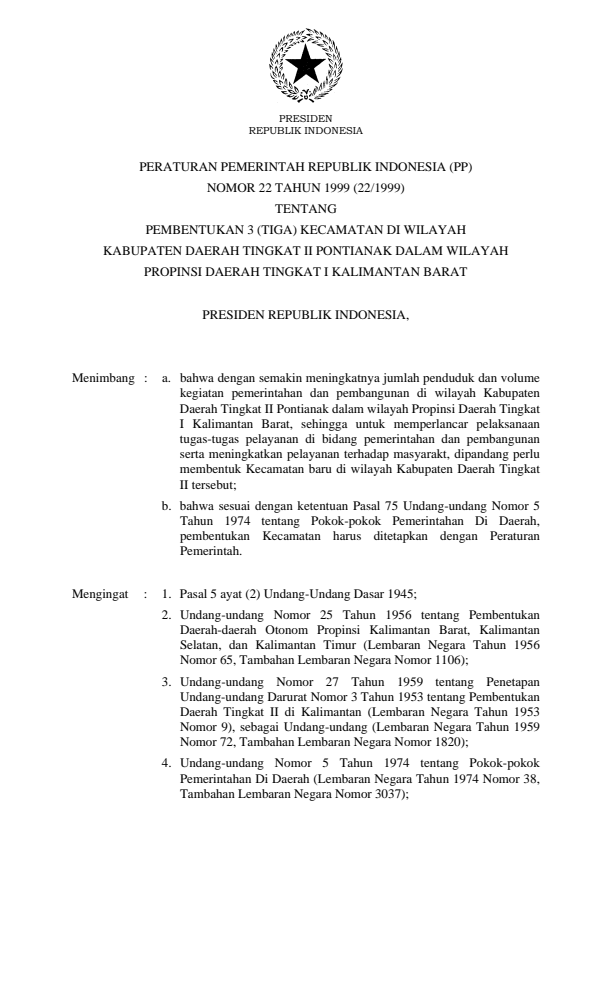 Peraturan Pemerintah Nomor 22 Tahun 1999