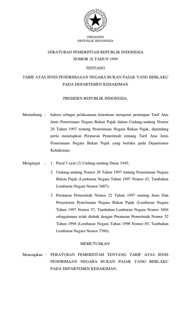 Peraturan Pemerintah Nomor 26 Tahun 1999