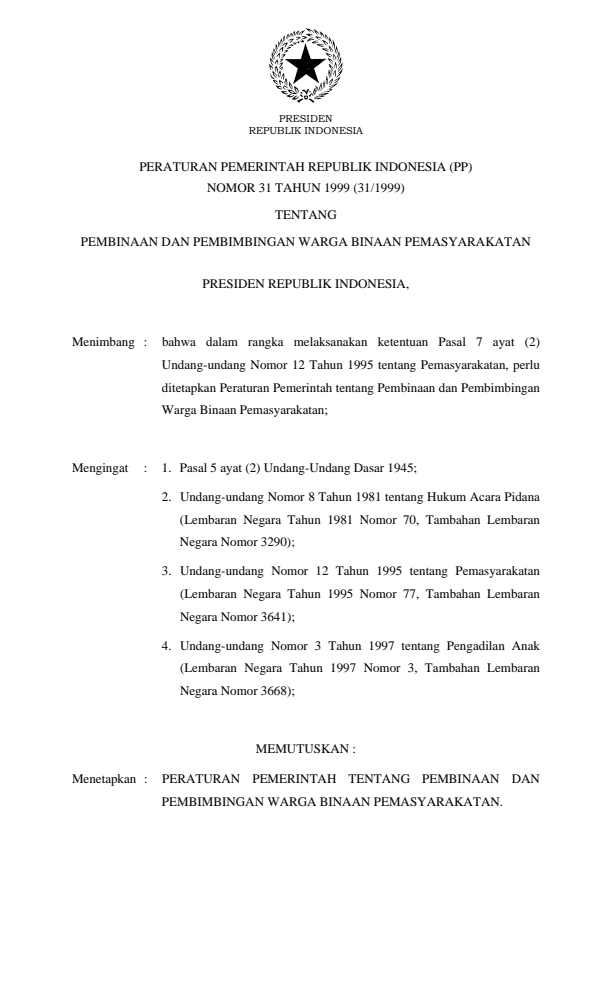 Peraturan Pemerintah Nomor 31 Tahun 1999