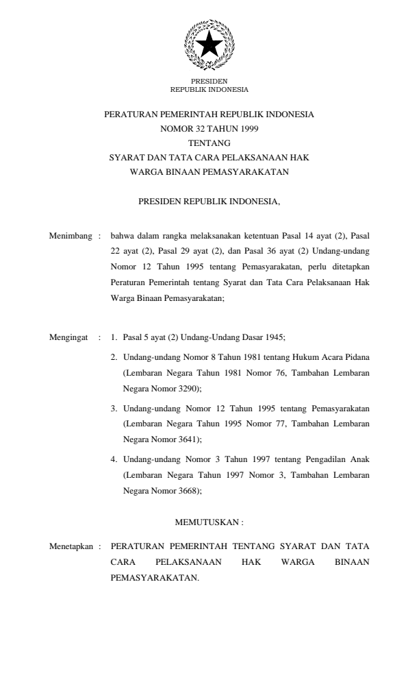 Peraturan Pemerintah Nomor 32 Tahun 1999