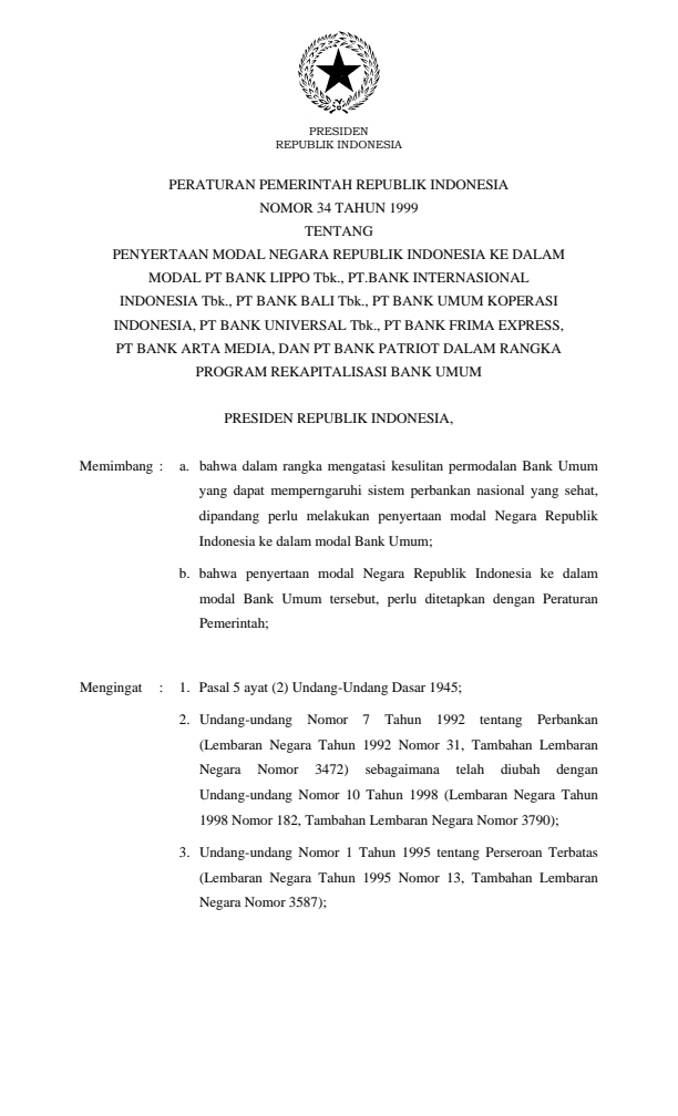 Peraturan Pemerintah Nomor 34 Tahun 1999