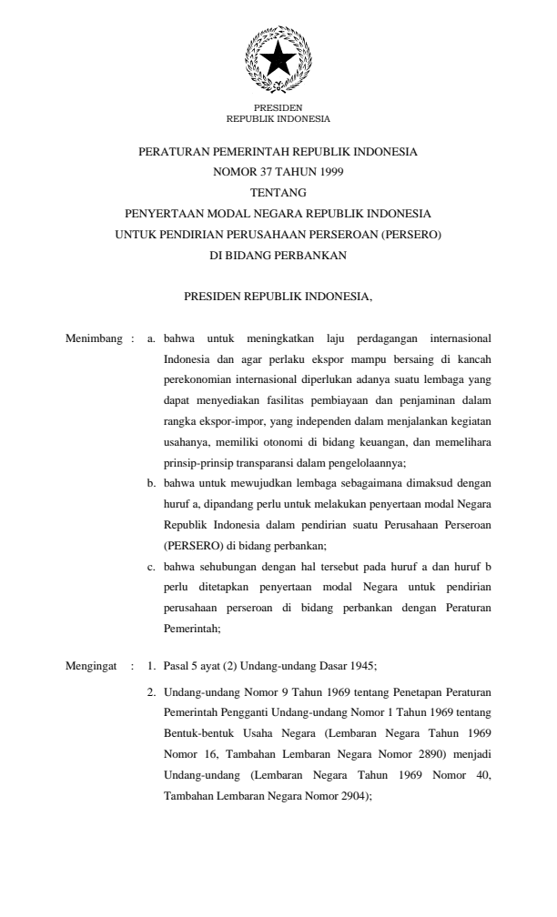 Peraturan Pemerintah Nomor 37 Tahun 1999