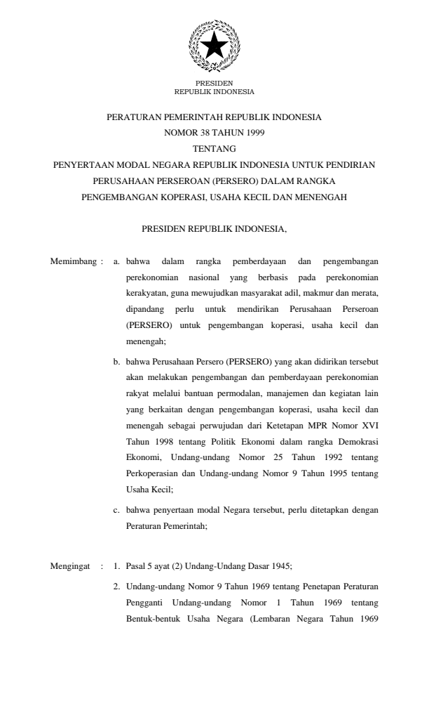 Peraturan Pemerintah Nomor 38 Tahun 1999