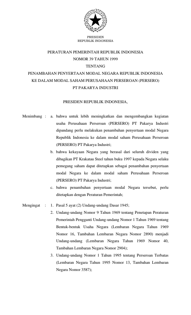 Peraturan Pemerintah Nomor 39 Tahun 1999