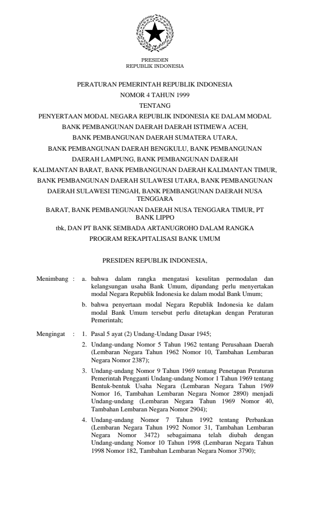 Peraturan Pemerintah Nomor 4 Tahun 1999