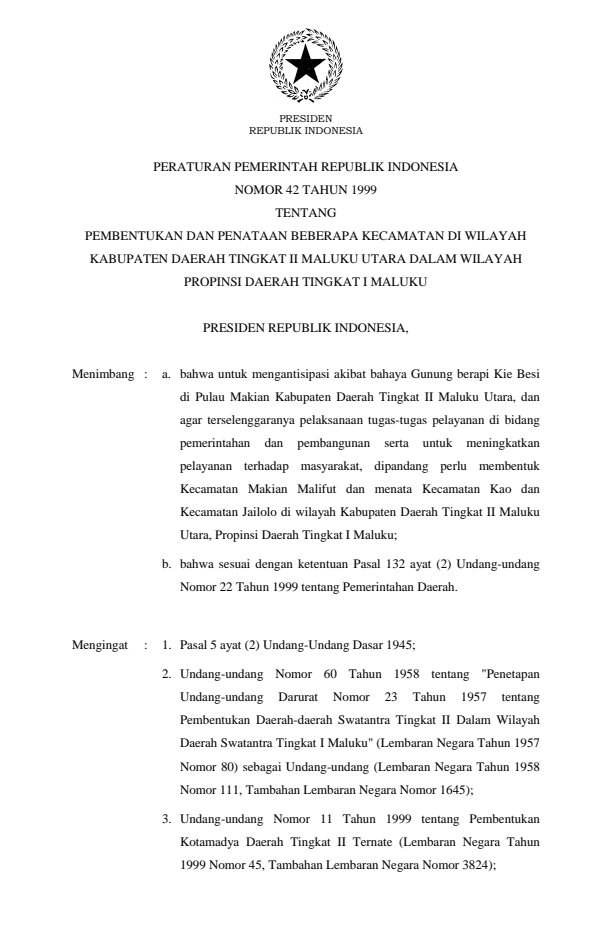 Peraturan Pemerintah Nomor 42 Tahun 1999