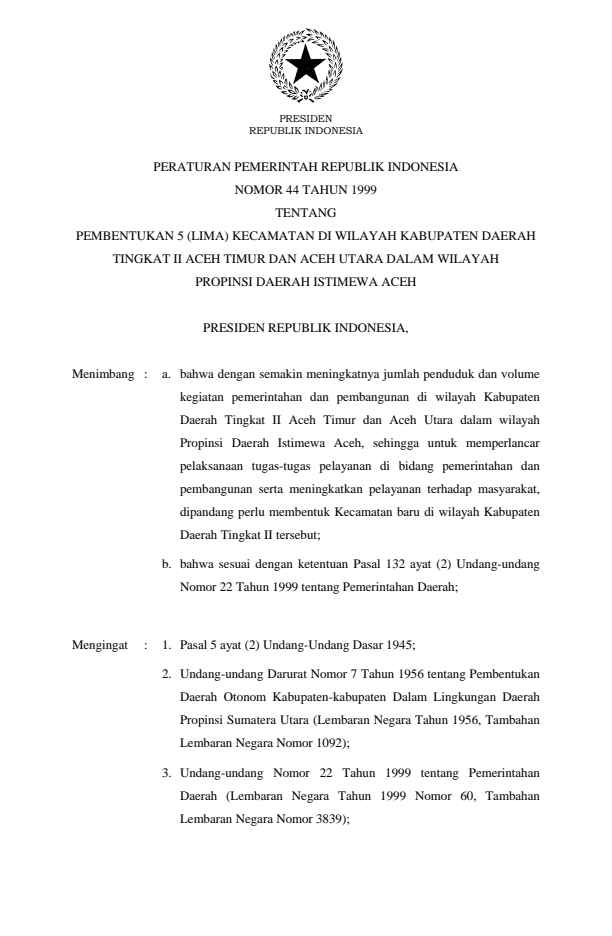 Peraturan Pemerintah Nomor 44 Tahun 1999