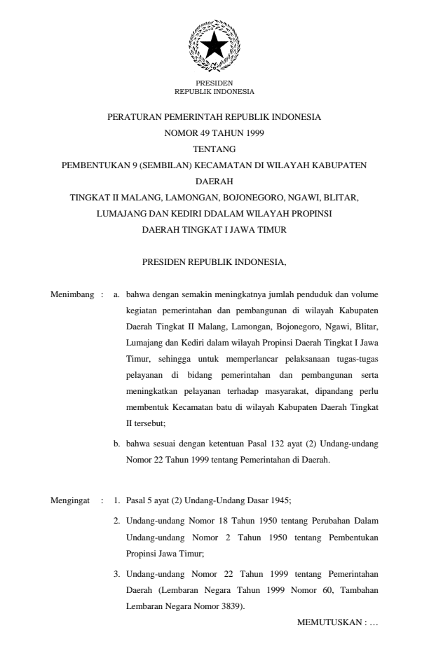 Peraturan Pemerintah Nomor 49 Tahun 1999