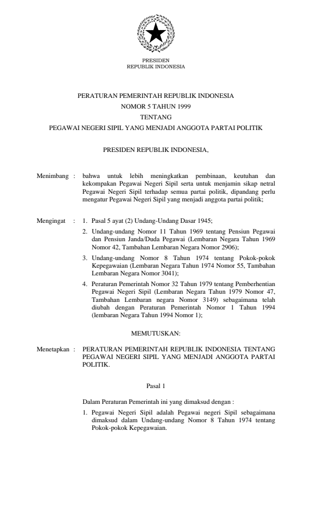 Peraturan Pemerintah Nomor 5 Tahun 1999