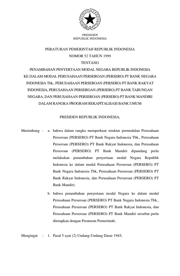 Peraturan Pemerintah Nomor 52 Tahun 1999