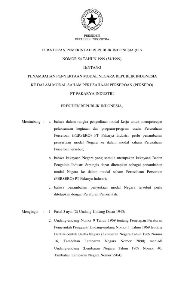 Peraturan Pemerintah Nomor 54 Tahun 1999