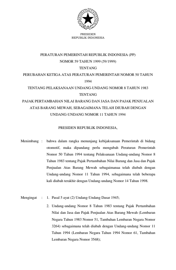 Peraturan Pemerintah Nomor 59 Tahun 1999