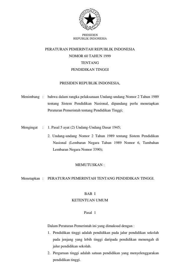 Peraturan Pemerintah Nomor 60 Tahun 1999