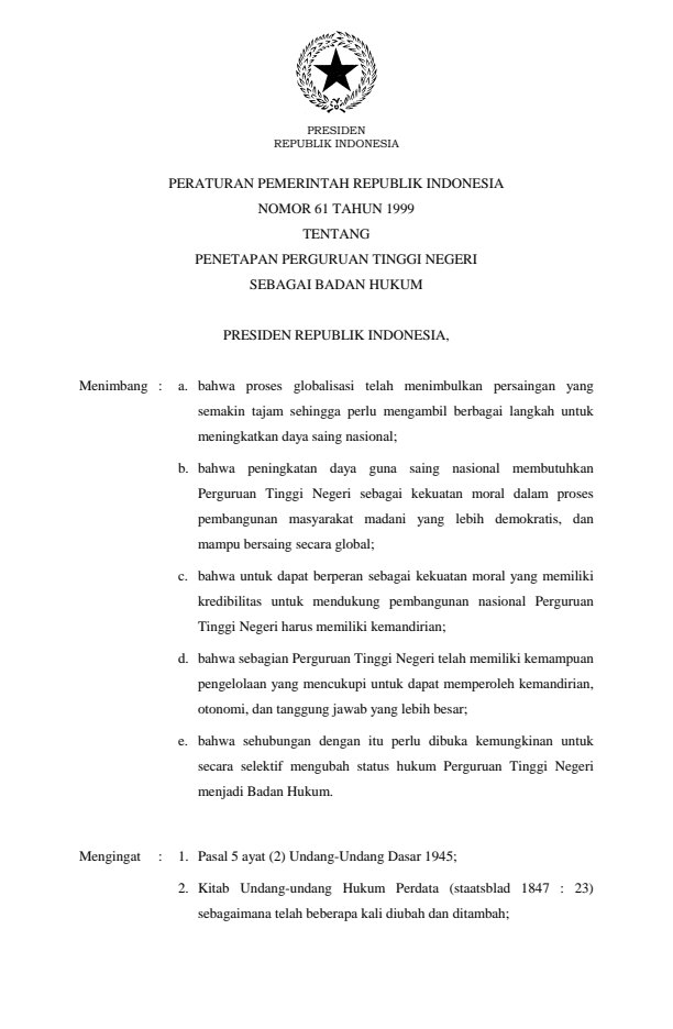 Peraturan Pemerintah Nomor 61 Tahun 1999