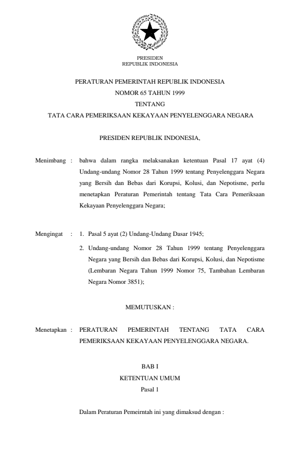 Peraturan Pemerintah Nomor 65 Tahun 1999