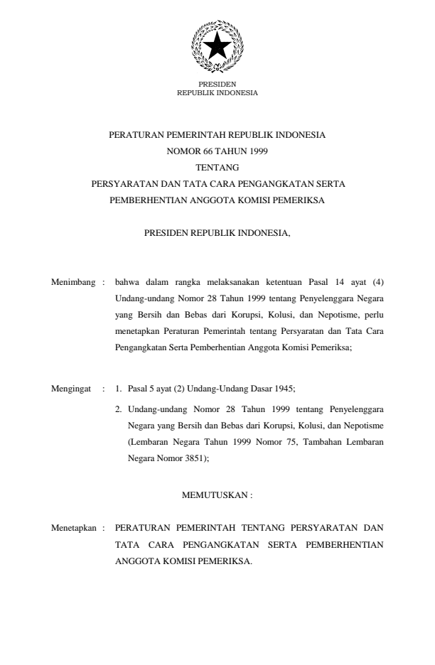 Peraturan Pemerintah Nomor 66 Tahun 1999