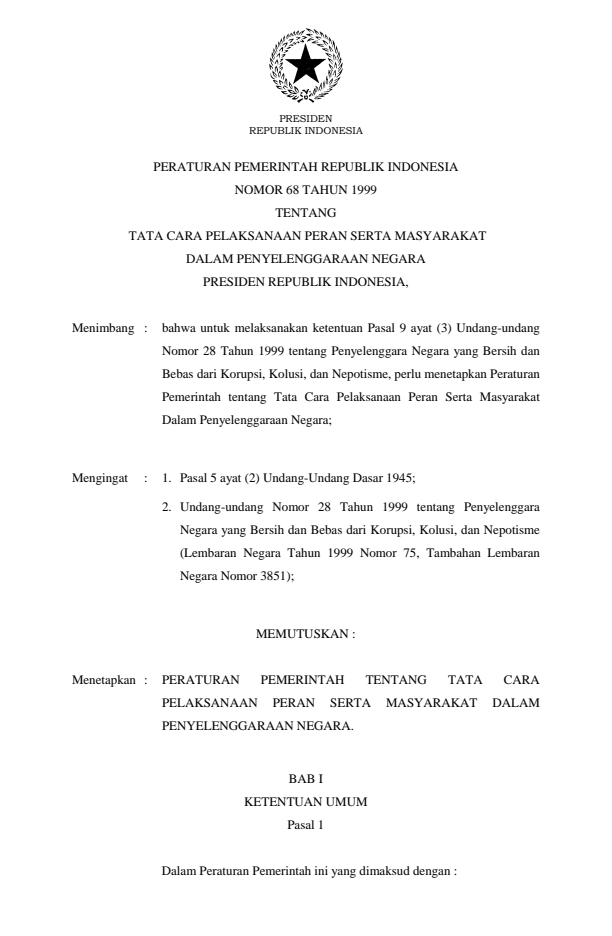 Peraturan Pemerintah Nomor 68 Tahun 1999