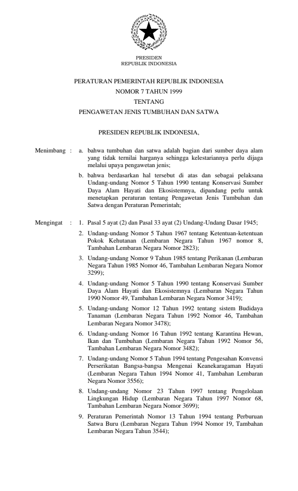 Peraturan Pemerintah Nomor 7 Tahun 1999