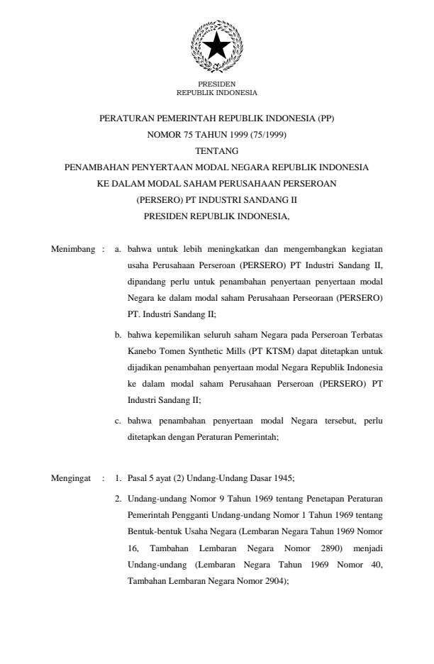 Peraturan Pemerintah Nomor 75 Tahun 1999