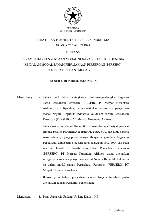 Peraturan Pemerintah Nomor 77 Tahun 1999