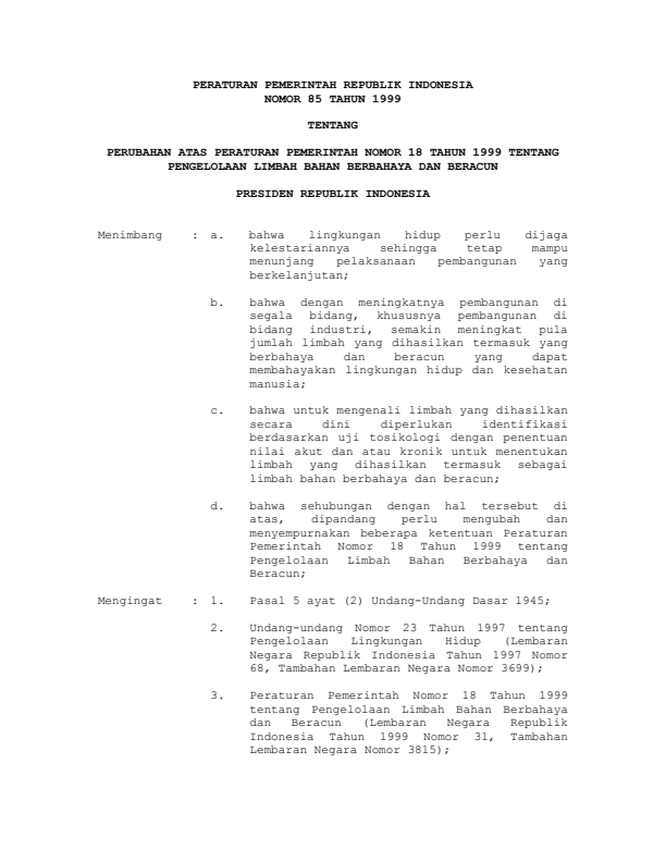 Peraturan Pemerintah Nomor 85 Tahun 1999