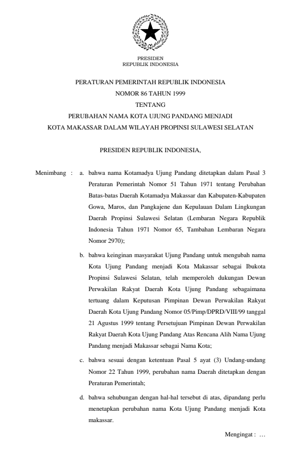 Peraturan Pemerintah Nomor 86 Tahun 1999