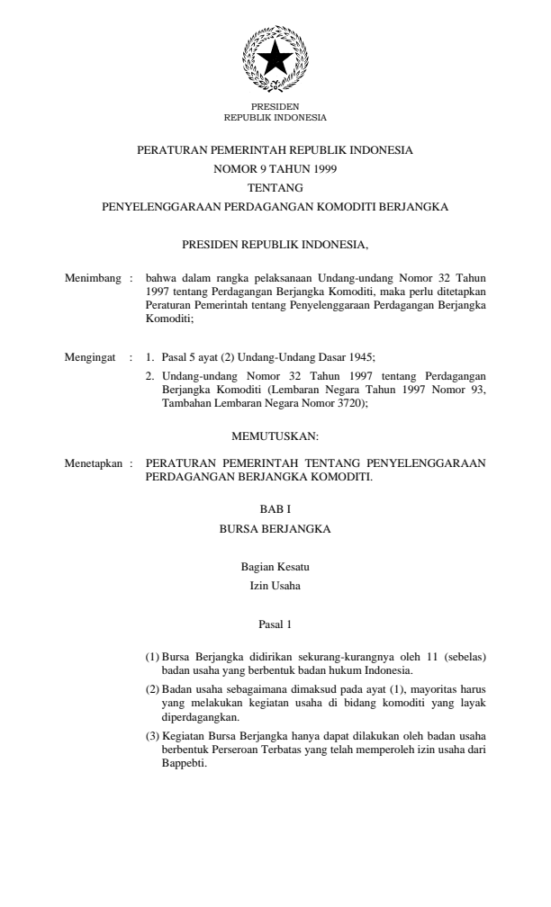 Peraturan Pemerintah Nomor 9 Tahun 1999