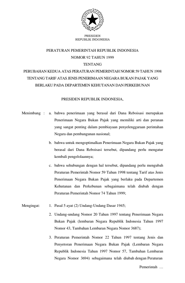 Peraturan Pemerintah Nomor 92 Tahun 1999