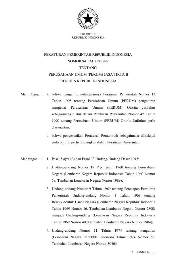 Peraturan Pemerintah Nomor 94 Tahun 1999