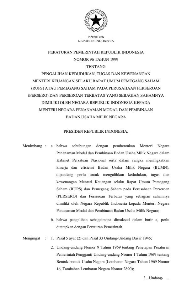 Peraturan Pemerintah Nomor 96 Tahun 1999