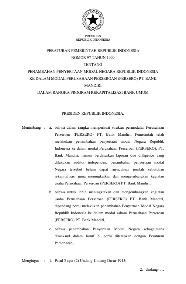 Peraturan Pemerintah Nomor 97 Tahun 1999