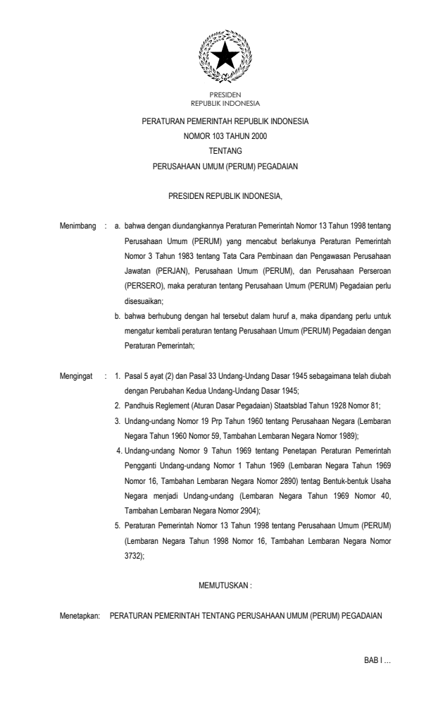 Peraturan Pemerintah Nomor 103 Tahun 2000