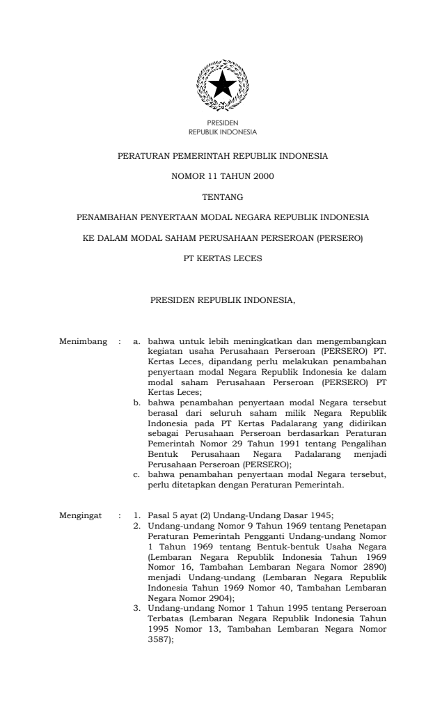 Peraturan Pemerintah Nomor 11 Tahun 2000