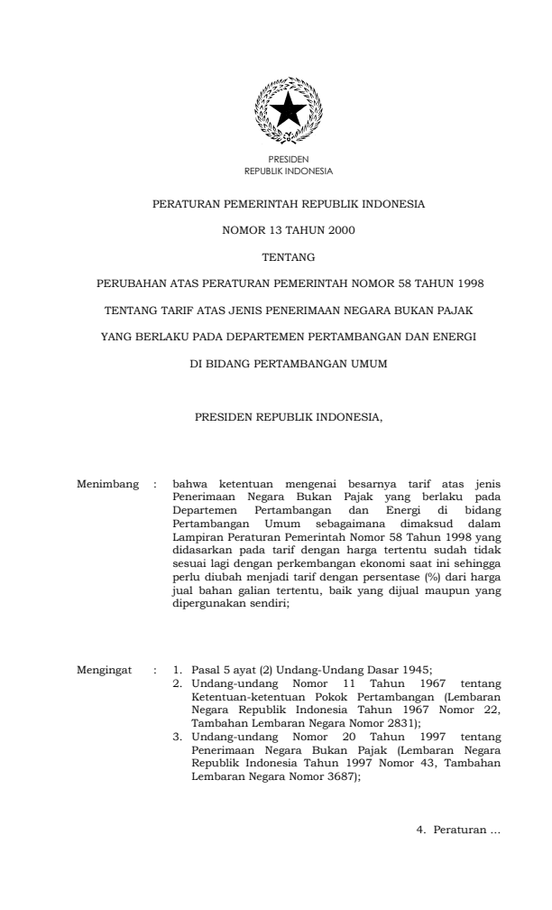 Peraturan Pemerintah Nomor 13 Tahun 2000